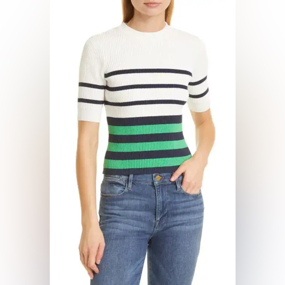 Frame Shrunken Rib Sweater in Grass Green Multi size S